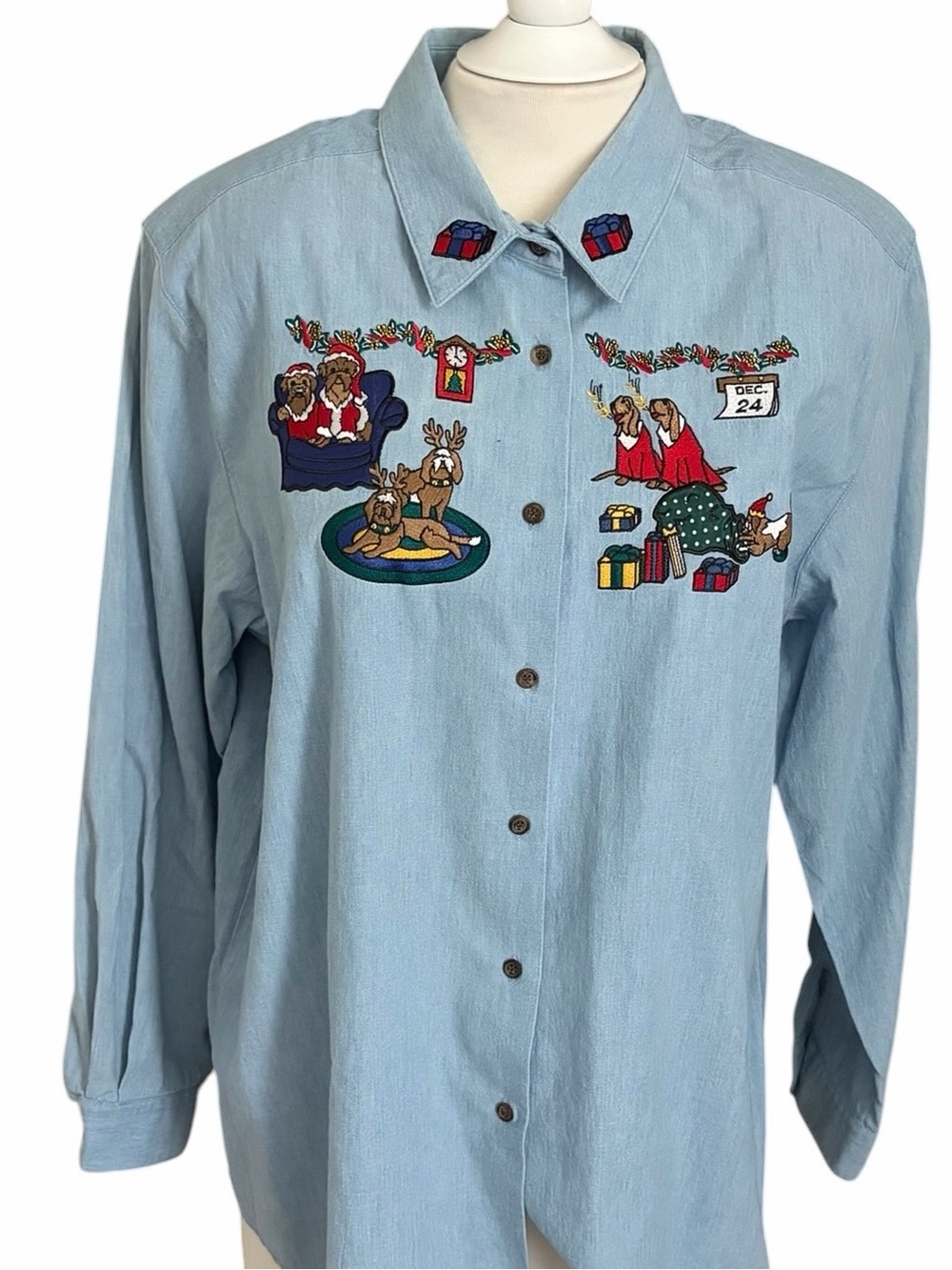 VTG Karen Scott L Denim Christmas Dogs Blue Holiday Button Shirt Embroidery Gift